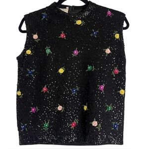 Vintage Cyn Les Wool Sleeveless Floral Sequined Floral Black Swearer — Size 38